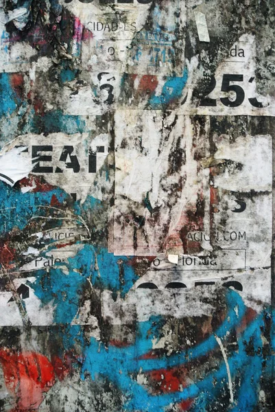 Willekeurige collage textuur papier op geërodeerde muur met eten woord — Stockfoto