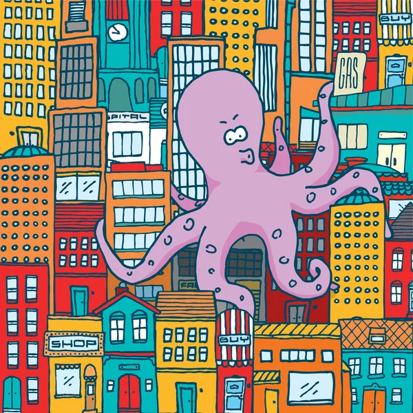 巨型章鱼袭击和接管一个多彩的城市 — 图库矢量图片