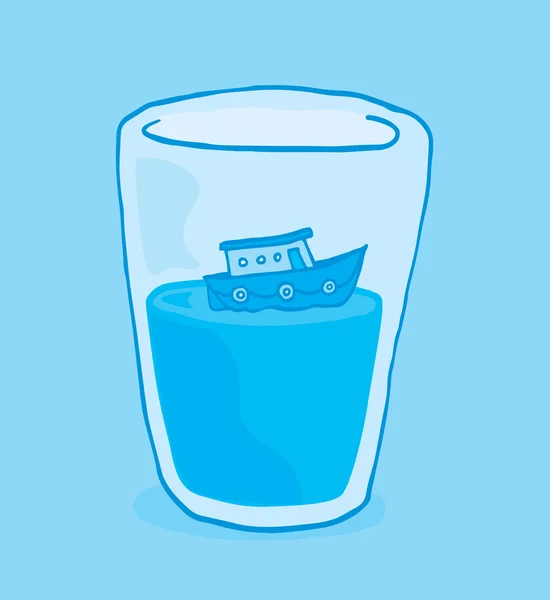 Tiny boat floating on glass of water — Stock Vector