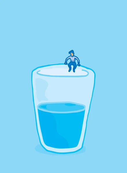 Homem minúsculo sentado na borda de vidro de água — Vetor de Stock