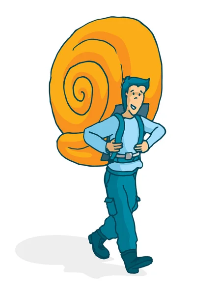 Adventurous man carrying a huge snail shell as backpack — Stock Vector