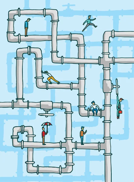 Complexe pijpleiding met speelse verschillende mensen — Stockvector