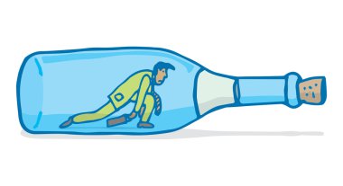 Yorgun işadamı veya şarap şişesi içinde sürünerek işkolik