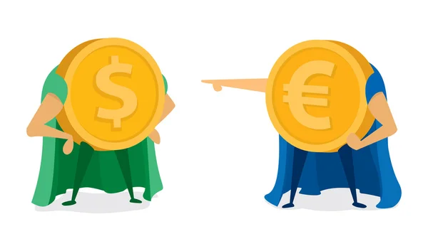 Euromynt pekar på dollarn super hero — Stock vektor