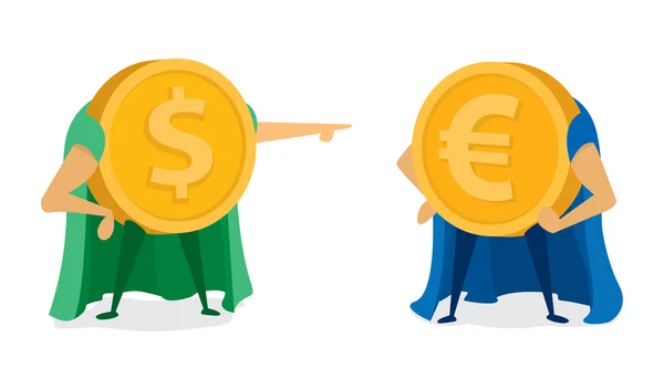 Dollar munt wijzend op euro super held — Stockvector