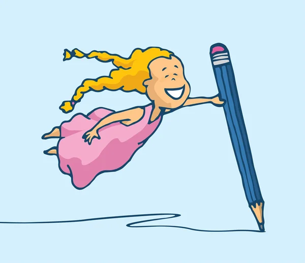 Chica voladora dibujo con lápiz enorme — Vector de stock