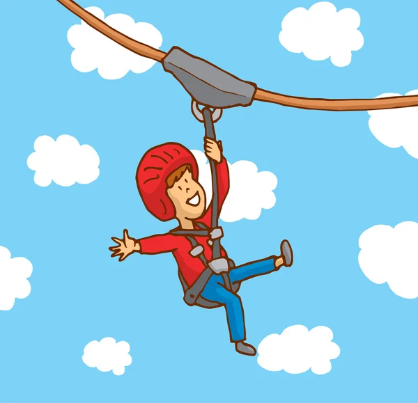 Happy boy enjoying a zipline — Stock Vector