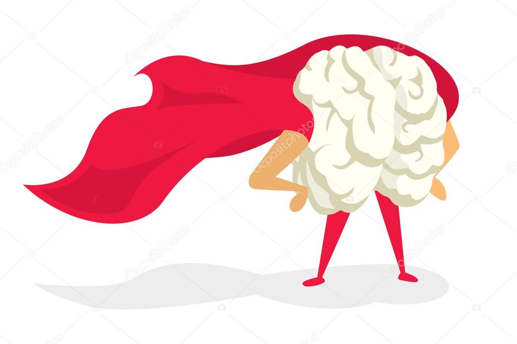 Brain super hero with cape proudly standing 