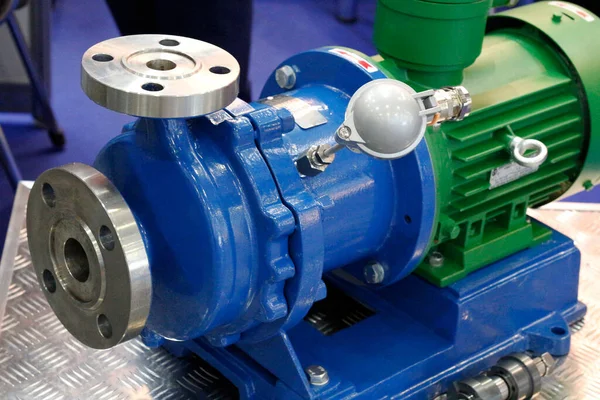 Detail of an electric high pressure centrifugal pump for industry. Sectional turbopump installation. Electric pump unit.