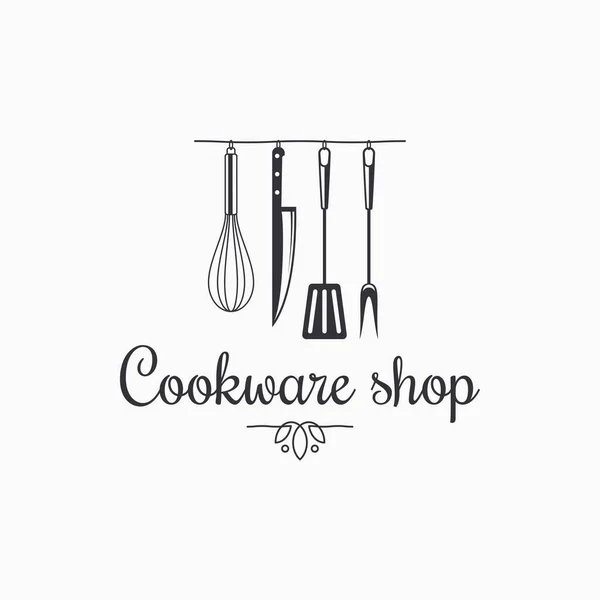 調理器具店のロゴ。白の台所用品 — ストックベクタ