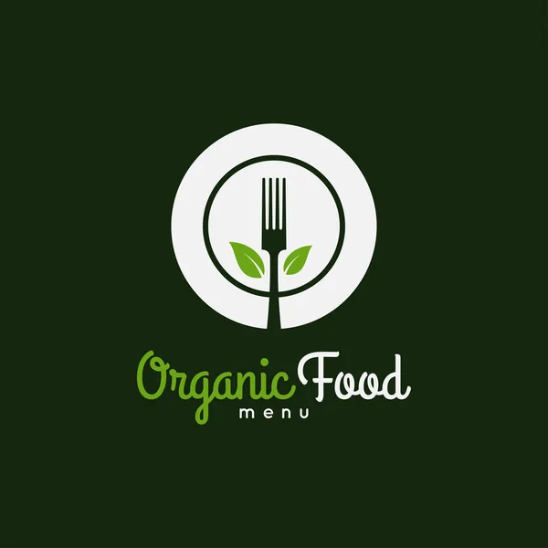 Logo de alimentos ecológicos. Placa con tenedor y hojas — Archivo Imágenes Vectoriales