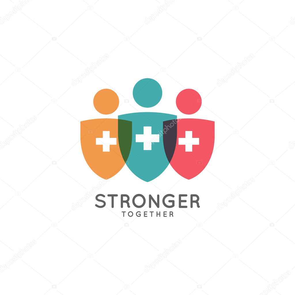 Stronger together logo. Medicine shield on white