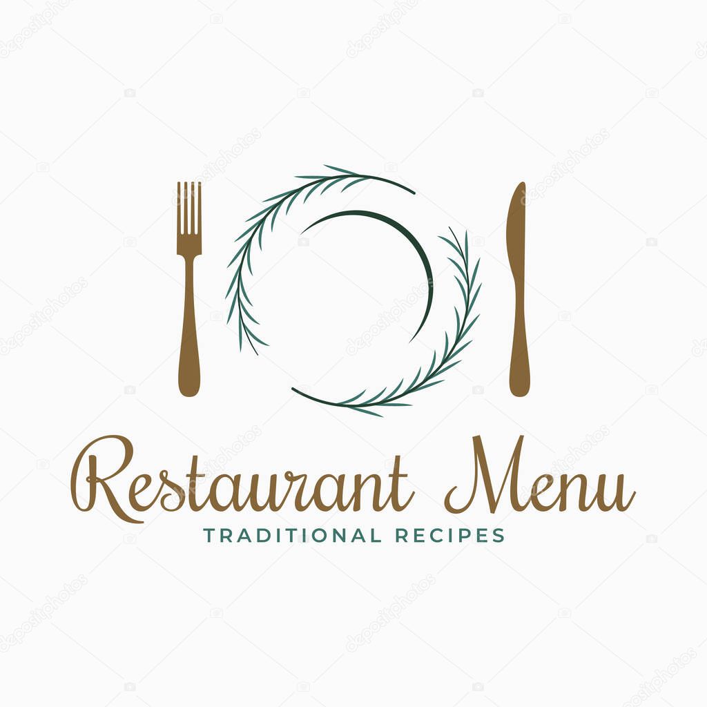 Plate logo with fork and knife and rosemary on white background 8 eps