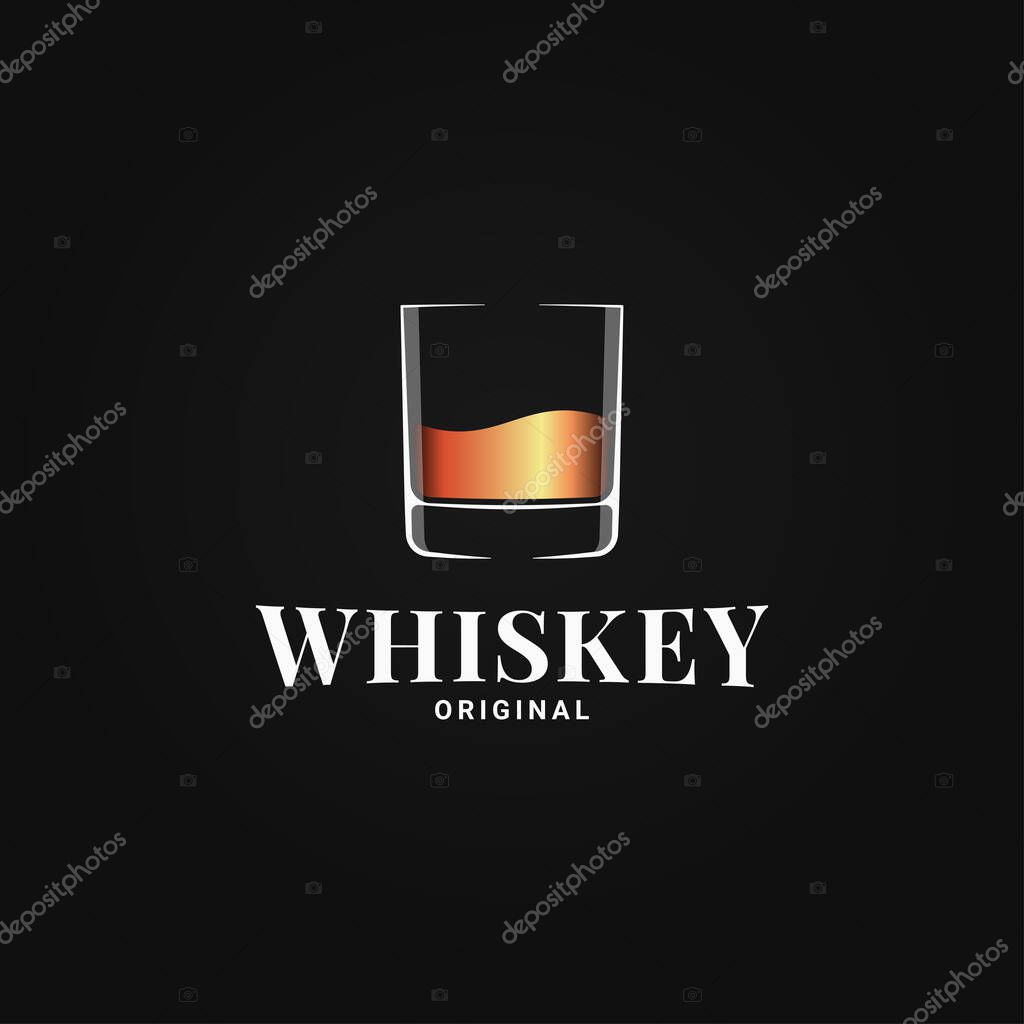 Whiskey glass logo. Golden whiskey in glass on black background 10 eps