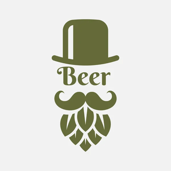 带有男人胡子的啤酒标志- -啤酒花和帽子 — 图库矢量图片