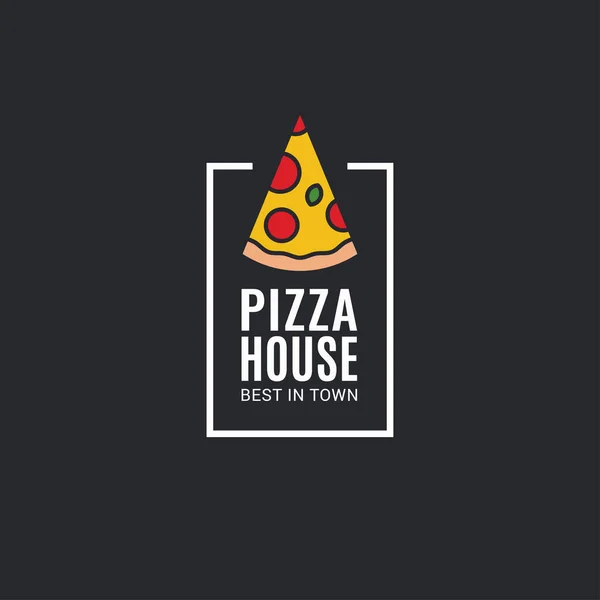 Λογότυπο πίτσας με φέτα πίτσας σε μαύρο φόντο — Διανυσματικό Αρχείο