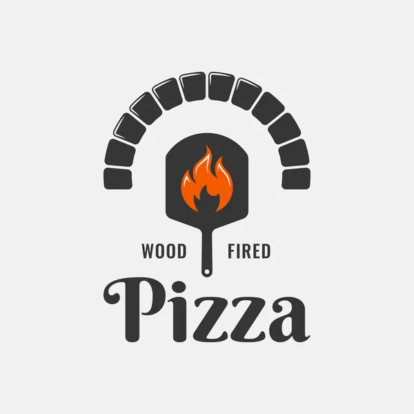 Logotipo da pizza com pá de pizza e forno com chama — Vetor de Stock