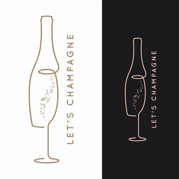 Logo bouteille de champagne. Verre de champagne sur noir — Image vectorielle