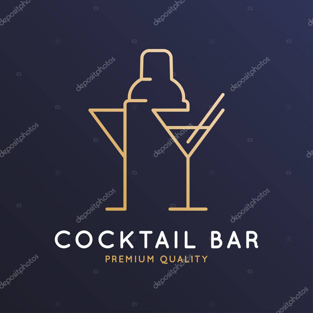 Cocktail bar logo with cocktail shaker and glass of martini on dark blue background 8 eps
