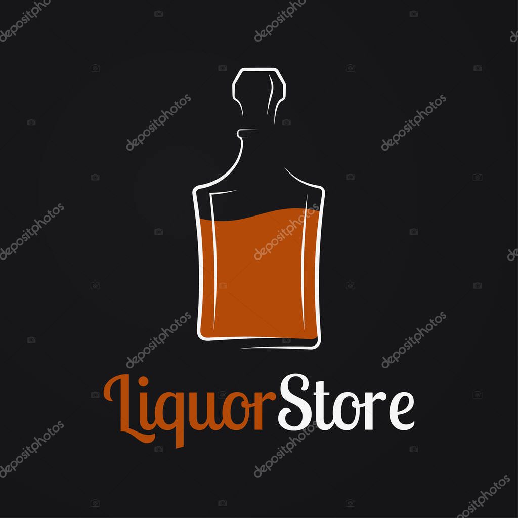 Liquor store logo. Whiskey bottle or decanter of cognac, bourbon, brandy, rum on black background 8 eps