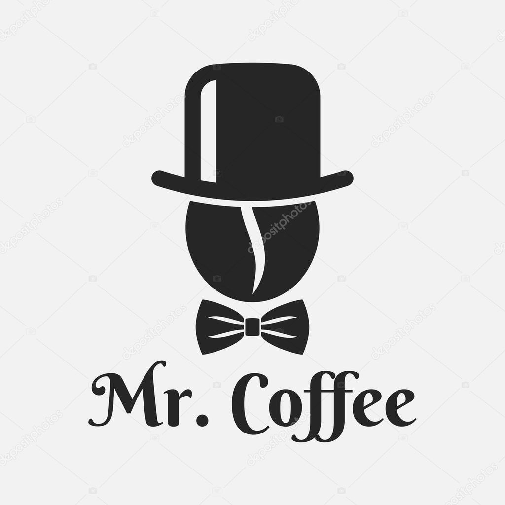 Coffee bean with hat logo. Mister Coffee on white background 8 eps