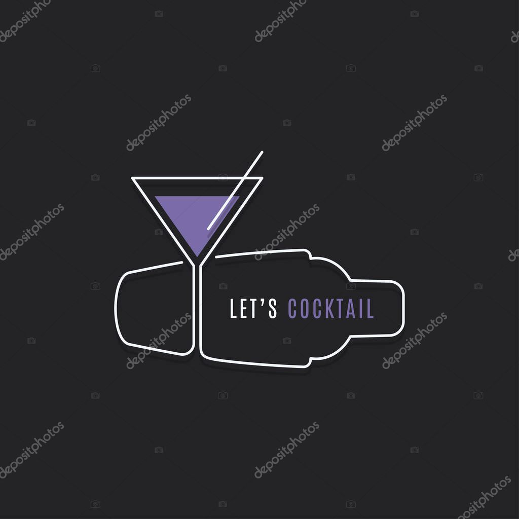 Cocktail shaker with martini glass line icon on black background 10 eps