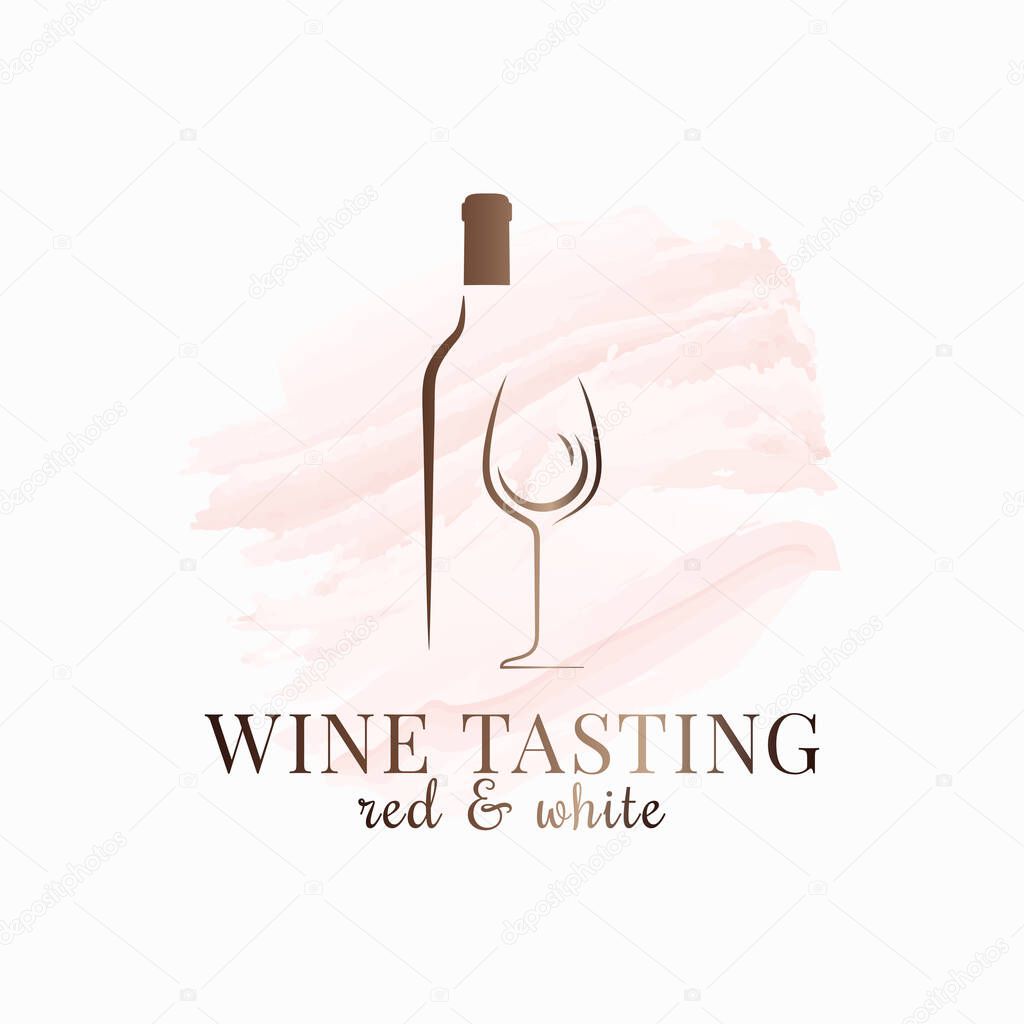 Wine glass watercolor. Bottle logo design on white