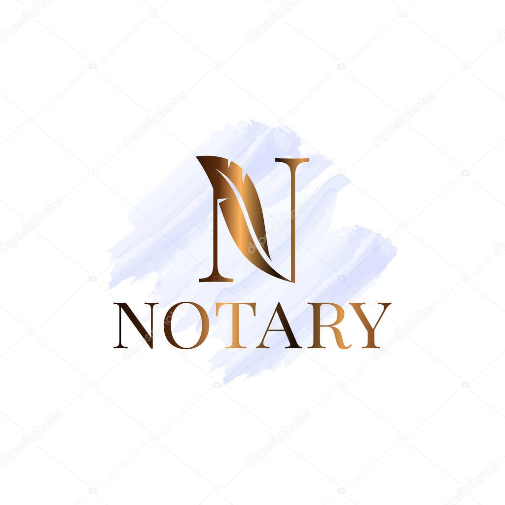 Letter N with feather notary watrecolor logo on white background 10 eps