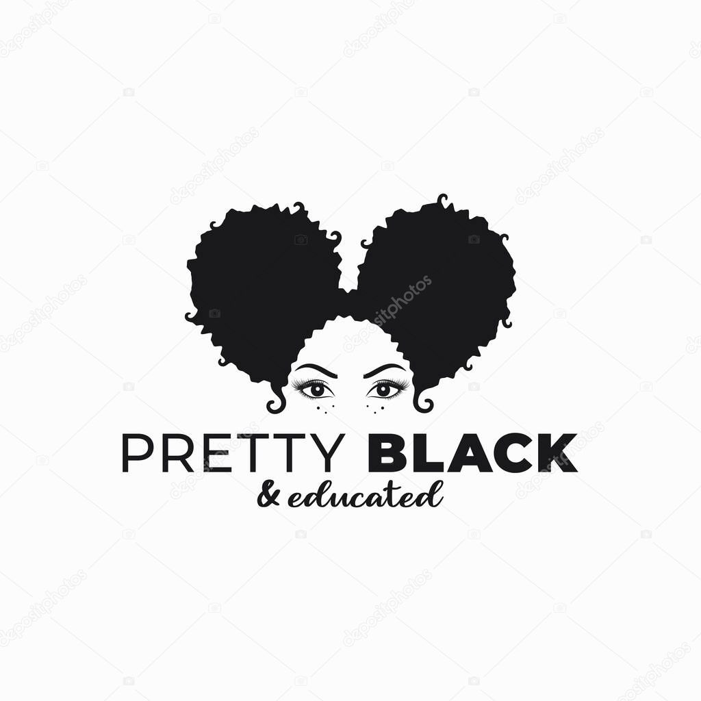 Black woman with afro ponytail hairstyle. Afro woman pretty black and educated logo on white background 8 eps