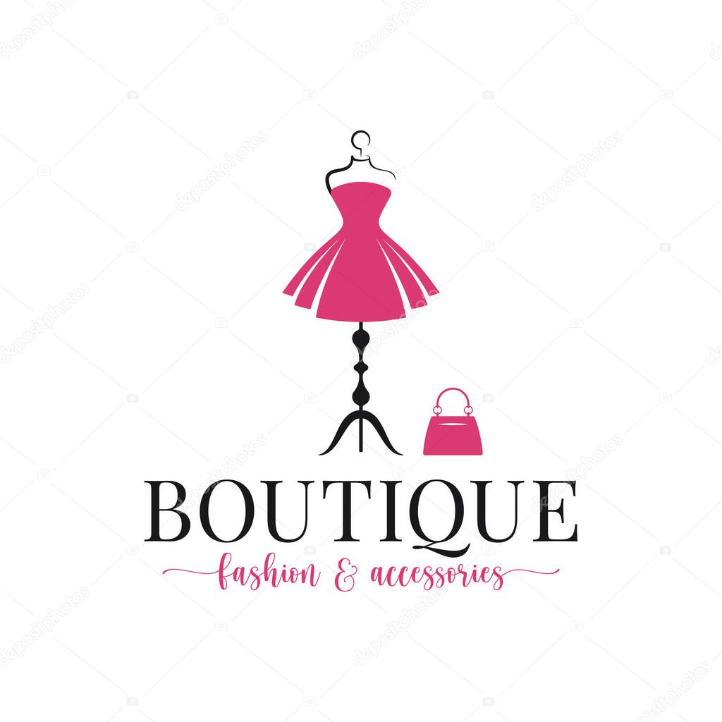 Boutique fashion and accessories logo. Mannequin dress and handbag on white background 8 eps