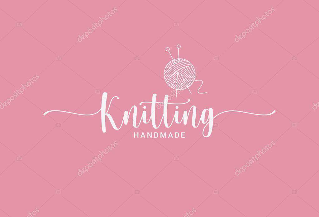 Knitting ball logo. Knitting needles handmade on ping background 10 eps