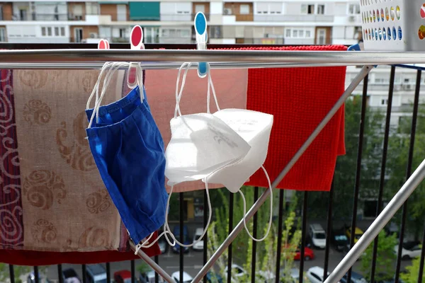 Close Protective Masks Hanging Outdoors — Stock Photo, Image