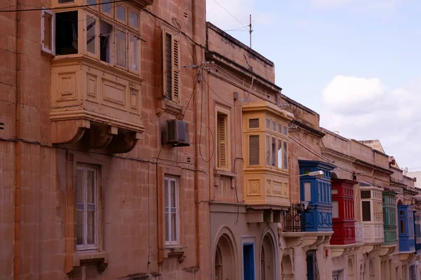 Classical Maltese Balconies Aged Facades Valletta Malta — Stock Photo, Image