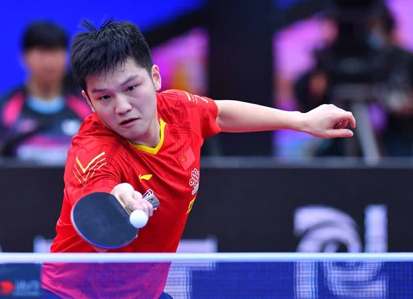 Kinesiska Bordtennisspelaren Fan Zhendong Spelar Mot Sydkoreanska Bordtennisspelaren Jang Woojin — Stockfoto