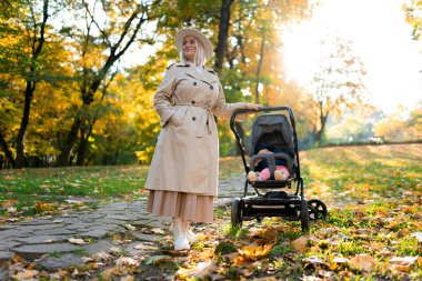 Anne ve bebek arabasının parkta portresi