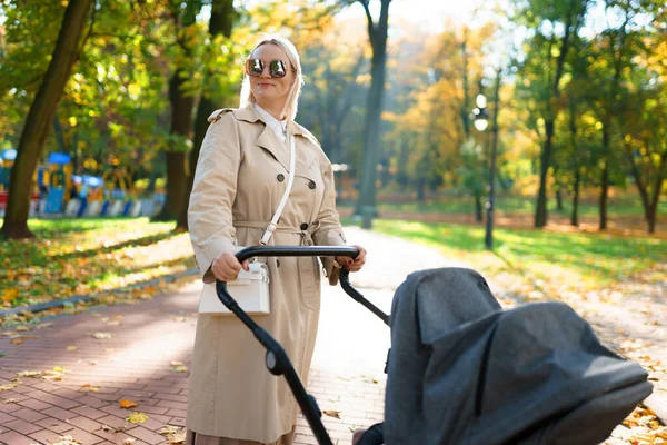 Mãe Com Carrinho Passeio Caminha Parque Outono — Fotografia de Stock