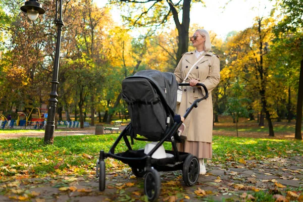Mom with a stroller walks in the autumn park
