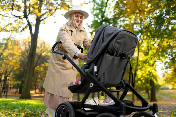 Μητέρα Καροτσάκι Μωρού Περπατώντας Στο Πάρκο Φθινόπωρο — Φωτογραφία Αρχείου