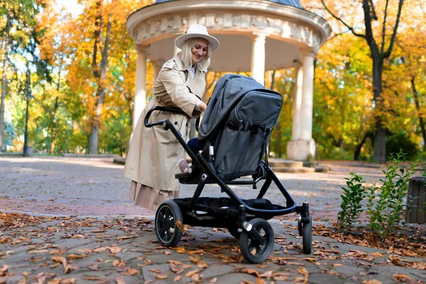 Mãe Com Bebê Carrinho Andando Parque Outono — Fotografia de Stock