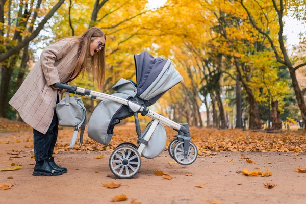 Mãe Alegre Brincando Com Bebê Recém Nascido Carrinho Mulher Caminhando — Fotografia de Stock