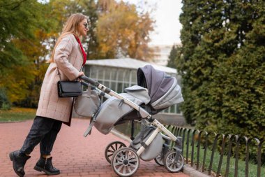 Annem bebek arabasıyla parkta yürüyor.