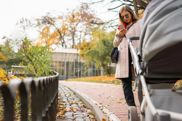 Mom Stroller Walks Park Texting Phone Smartphone Addiction Concept — Stock Photo, Image