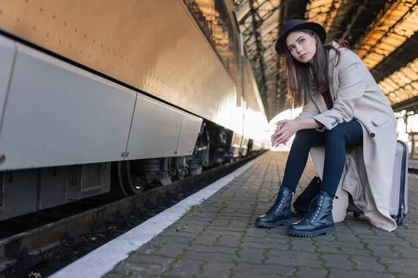Lonely Pensive Woman Sitting Suitcase Waiting Train — Stock Photo, Image