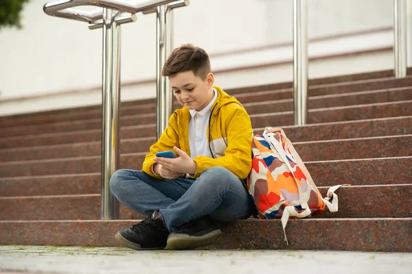 Schoolboy Teenager Sits Stairs Phone His Hands Concept Modern Generation — Stock Photo, Image