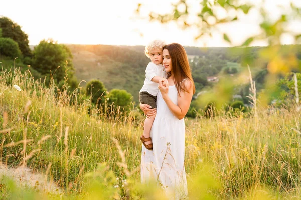 Mutter Geht Mit Ihrem Sohn Arm Durch Ein Malerisches Sommerfeld — Stockfoto