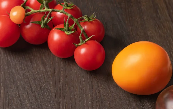 Grande Tomate Amarelo Pequenas Cerejas Vermelhas Galho Comparação Conceito Suporte — Fotografia de Stock