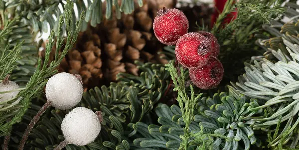 Decoratieve Bessen Kerstkaart Rood Witte Kristallen Achtergrond Van Kerstboomtakken — Stockfoto