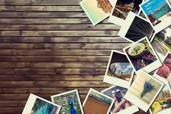 Kağıt, ahşap arka plan üzerinde eski fotoğrafları ile çerçeve