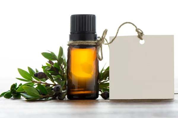 Uçucu yağ, boş etiket, dalları yeşil yaprakları ve meyveleri ile