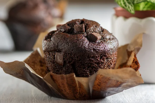 Muffin al cioccolato con glassa e pezzi di cioccolato . — Foto Stock